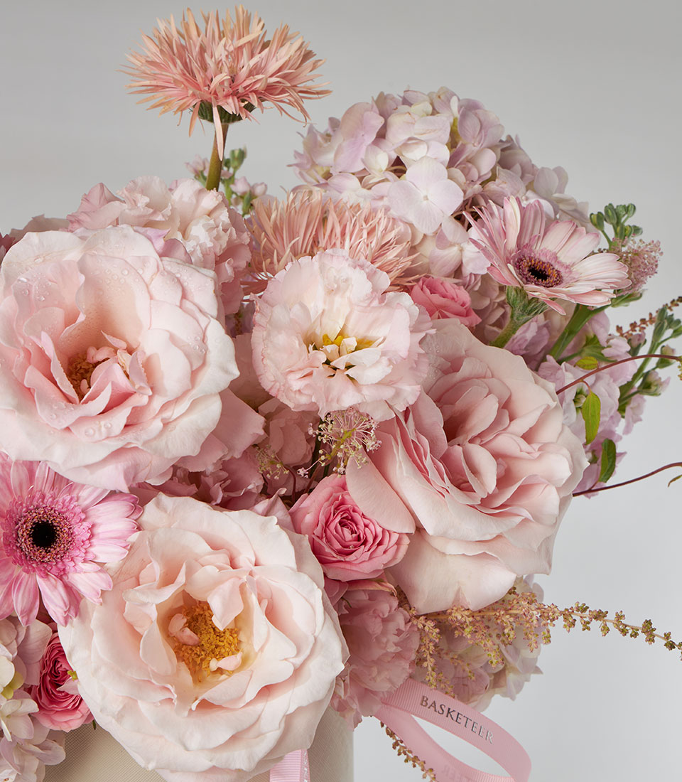 Luxurious pink rose and lisianthus bouquet with hydrangea in ivory gift box
