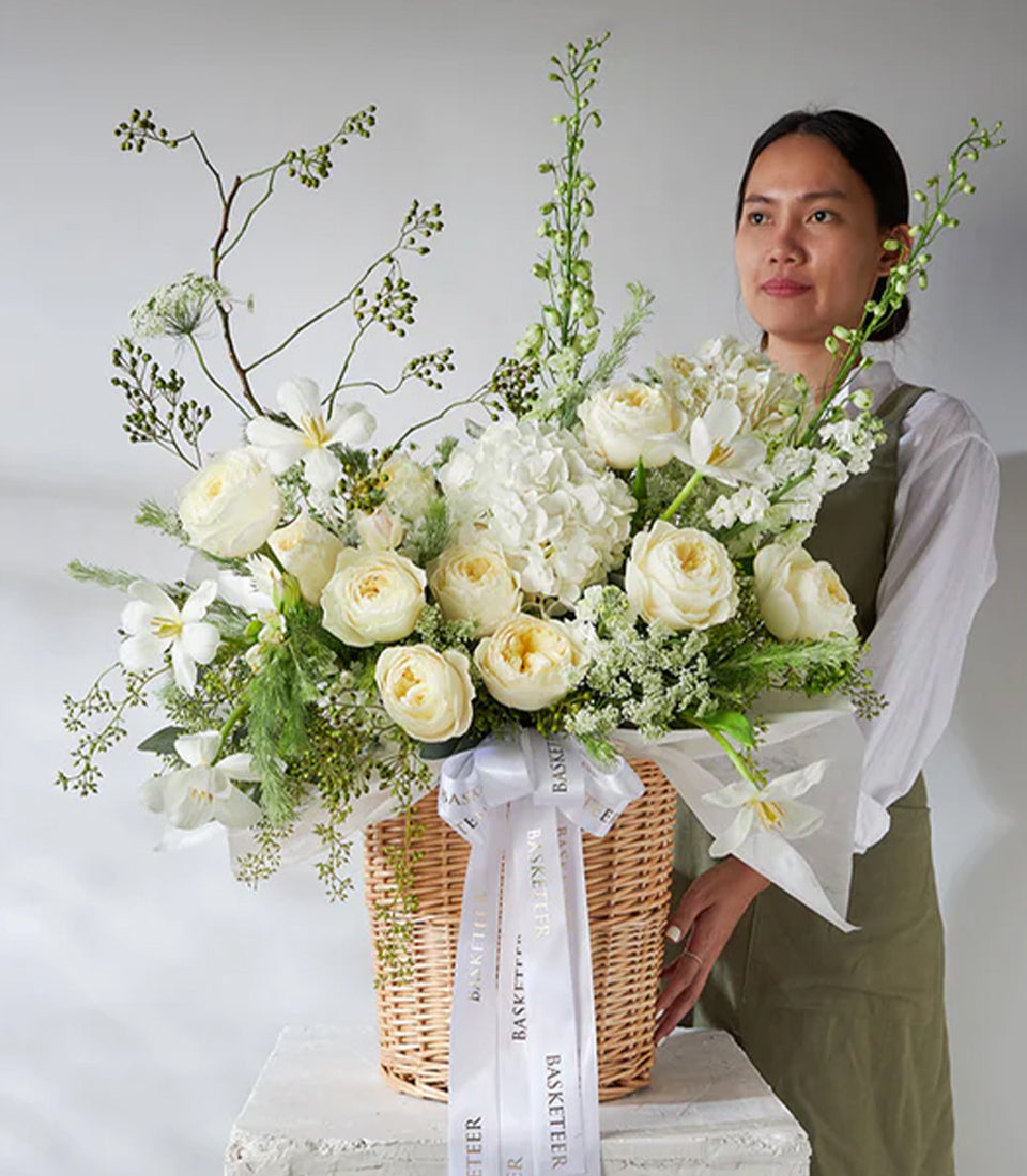 Coldplay Roses & White Hydrangea Elegant Basket