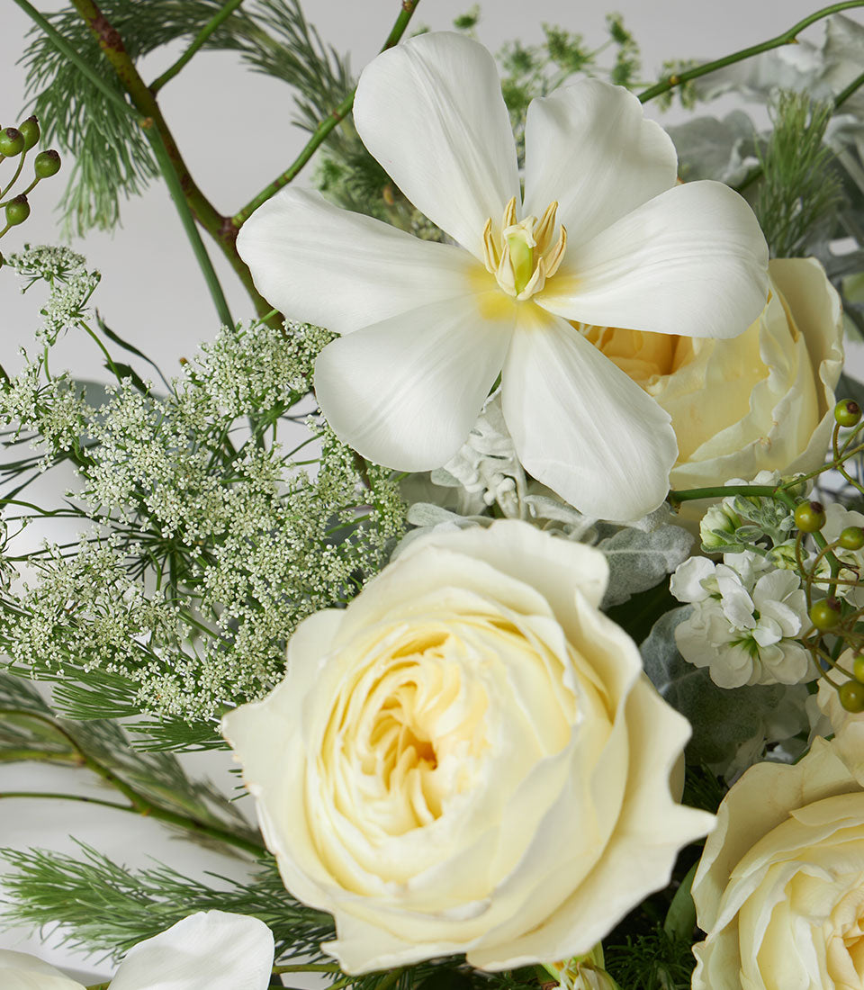 Premium white roses and hydrangea arrangement in elegant basket with lush greenery