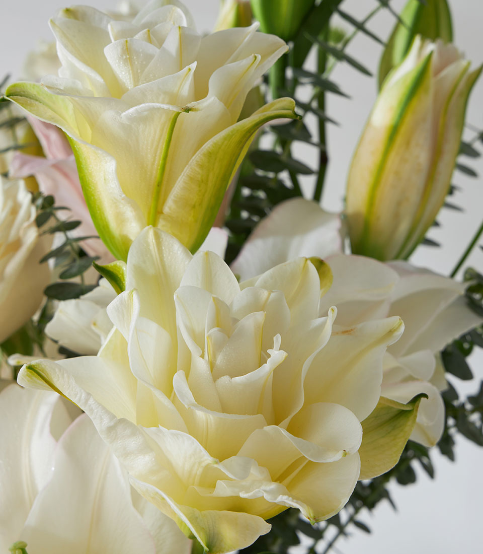 White and cream premium lilies with Playa Blanca roses in crystal vase, elegant arrangement for gifting