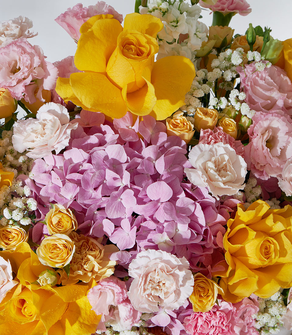 Premium yellow roses and pink hydrangea flower basket with carnations and baby's breath