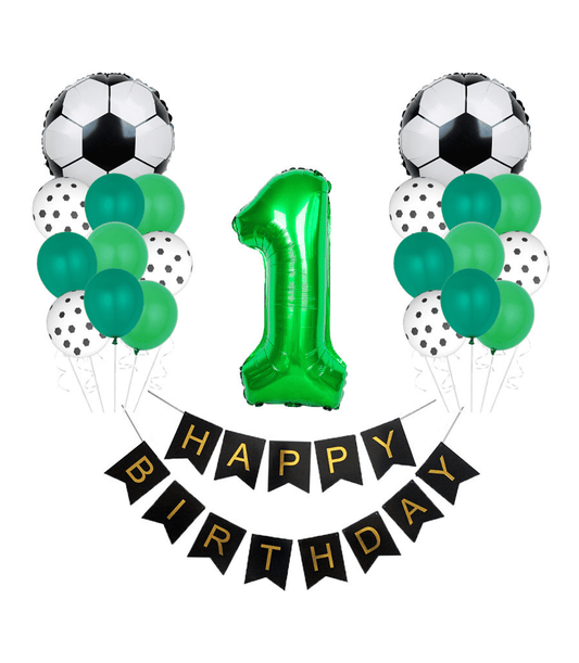 Green soccer balloon first birthday party decoration set with number "1" and happy birthday banner