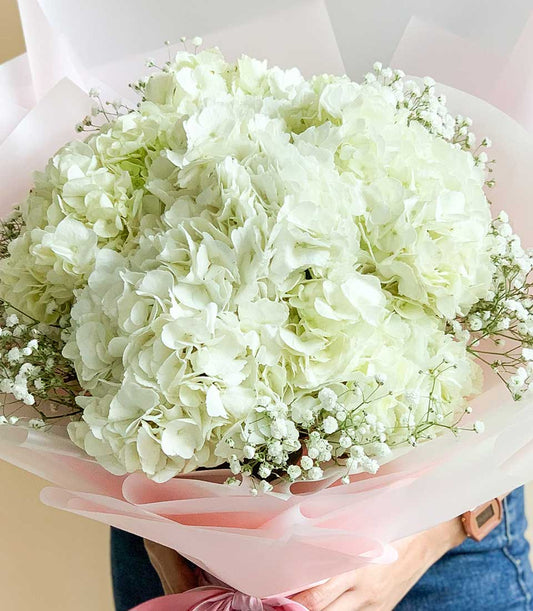 Generous white hydrangea bouquet with baby's breath and pink wrapping