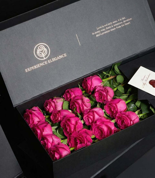 Luxury pink Ecuadorian roses in black gift box with love message, Valentine's Day gift
