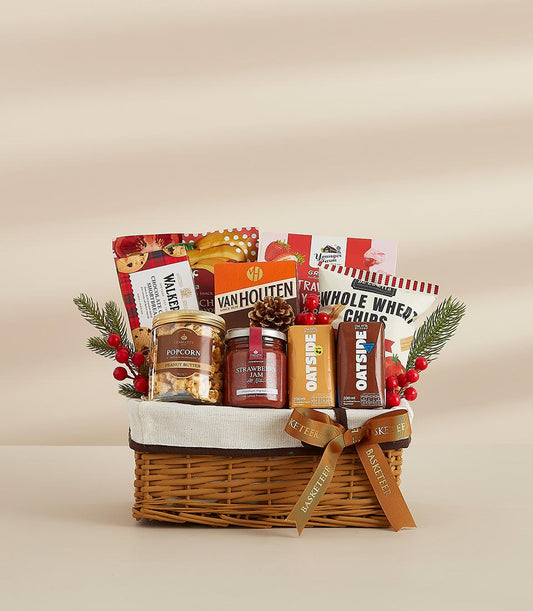 Premium gourmet gift basket with peanut butter, jam, oat milk, chips, and shortbread for New Year gifting