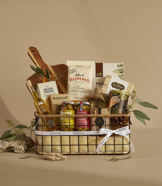 Countryside Charm black wire gourmet hamper with pasta, olives, coffee, and olive oil for New Year gifting