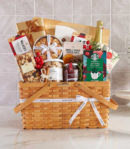 Premium gourmet gift basket with sparkling wine, artisan cookies, jam, and festive holiday treats in woven wood basket