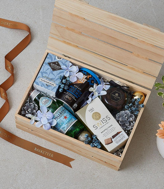 Festive Feast luxury gift box with gourmet chocolates, coffee, tea, and sparkling water in wooden presentation box