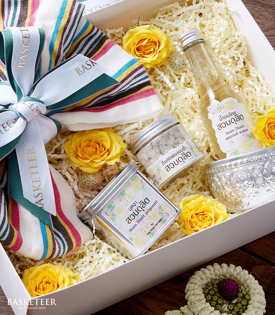 Thai perfume gift set with yellow roses, scented water, and jasmine for Songkran celebration