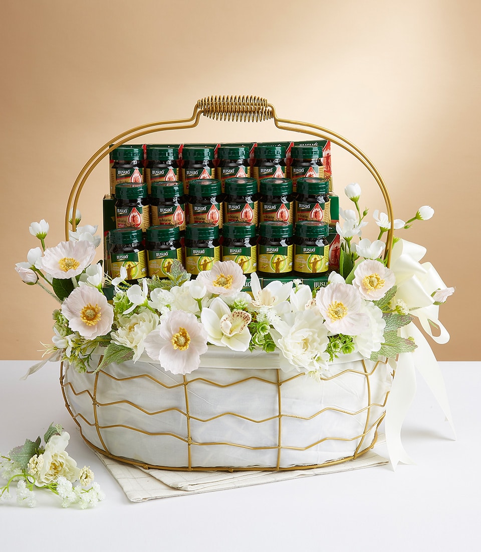 Premium mixed indulgence gift basket with artisan preserves, bird's nest jars, white flowers and gold-framed presentation