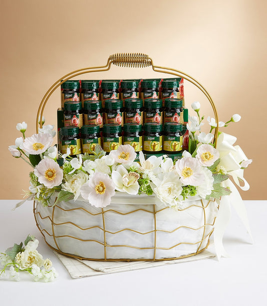 Premium mixed indulgence gift basket with artisan preserves, bird's nest jars, white flowers and gold-framed presentation