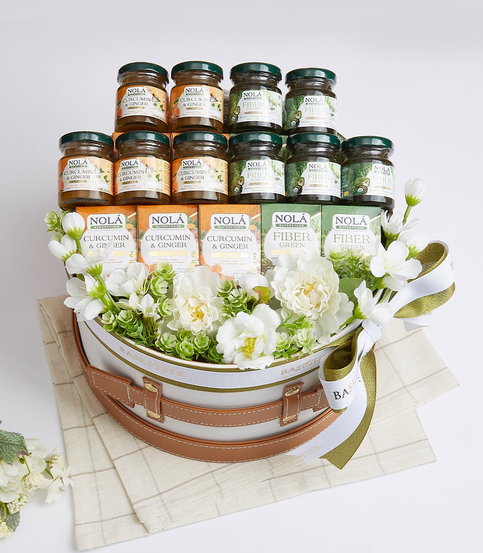 Nola's Medley of Goodies health and wellness gift basket with curcumin, ginger, and fibre superfoods
