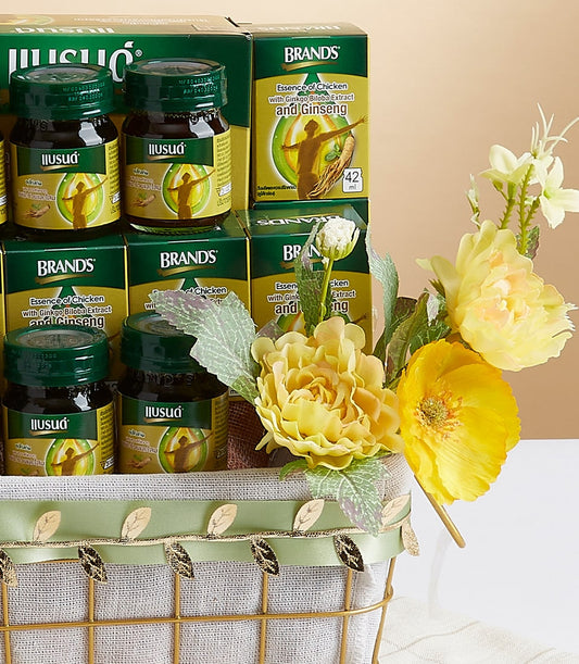 Premium chicken essence with ginkgo and ginseng wellness gift basket in gold wire presentation
