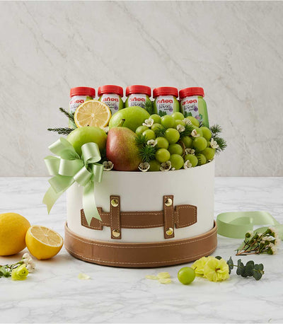 Premium fruit and wellness gift box with fresh apples, pears, grapes, and celery juice bottles, get well hamper