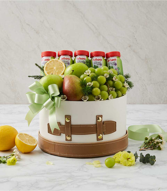 Premium fruit and wellness gift box with fresh apples, pears, grapes, and celery juice bottles, get well hamper