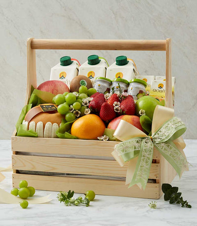Fresh fruit and Doi Kham juice gift basket in wooden crate with apples, grapes, and strawberries for get well recovery