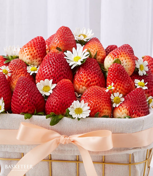 Fresh strawberry gift basket with white flowers and gold wire frame, peach ribbon bow