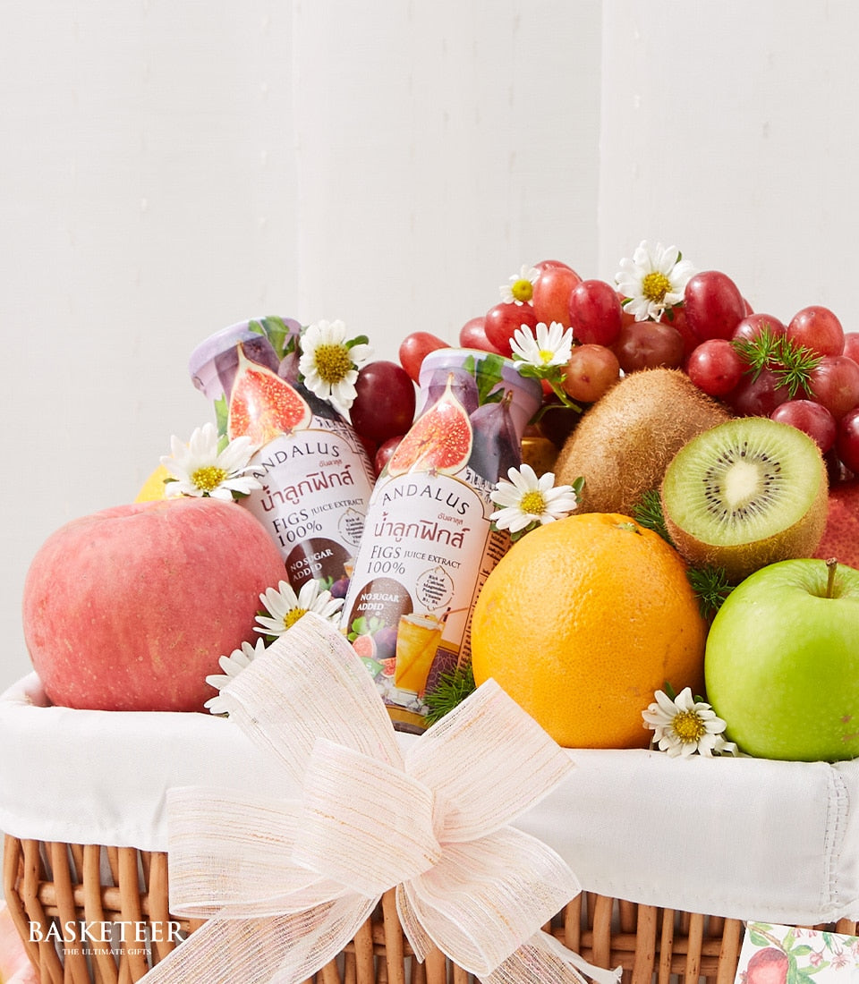 Fresh fruits and wellness juice gift basket with apples, kiwi, grapes, and fig extract for get well recovery