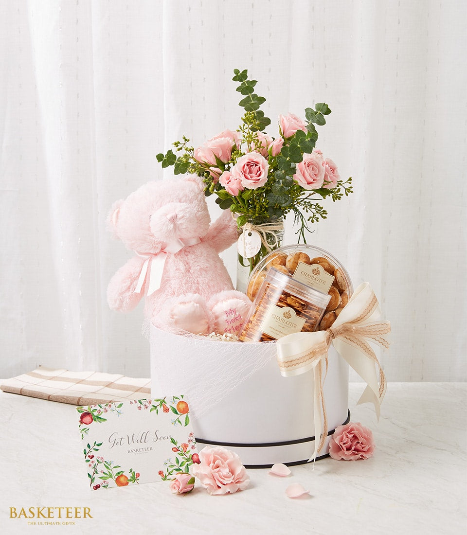 Pink Teddy Bear With Cookies And Flowers | Basketeer Same-day Delivery
