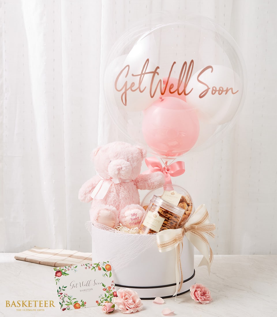Sweet Serenity get well gift box with pink teddy bear, gourmet cookies and balloon