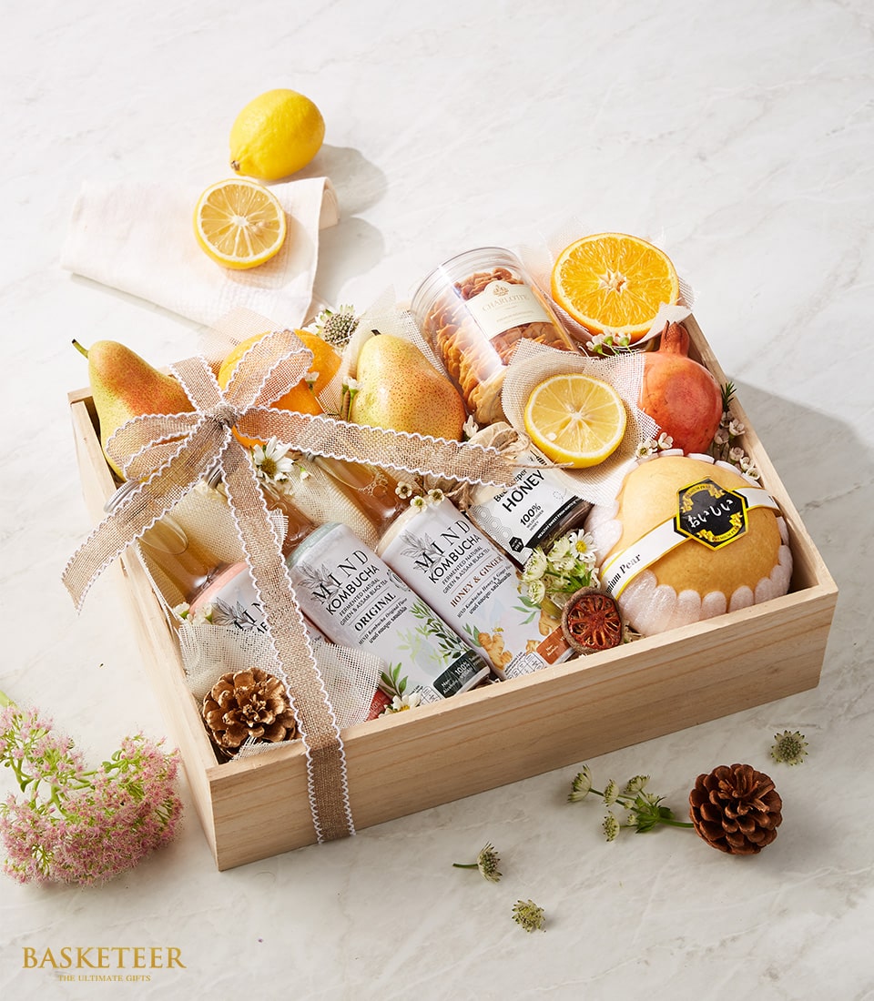 Balanced Health & Fruit Basket with pears, citrus, kombucha, honey, and nuts in wooden gift box with burlap ribbon
