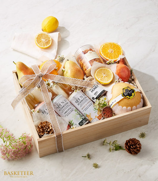 Balanced Health & Fruit Basket with pears, citrus, kombucha, honey, and nuts in wooden gift box with burlap ribbon