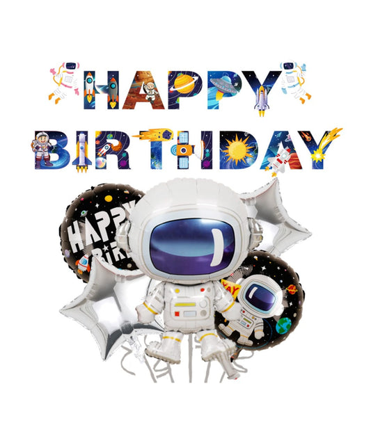 Space-themed birthday balloon set with astronaut and planet designs for kids' celebrations