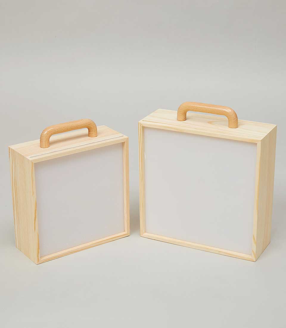 Wooden storage boxes with acrylic lids and handles, natural light wood finish in two sizes