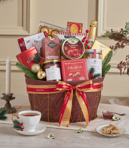 Ruby tiramisu luxury gift hamper with gourmet treats, cocoa, strawberry jam, and festive gold accents for New Year