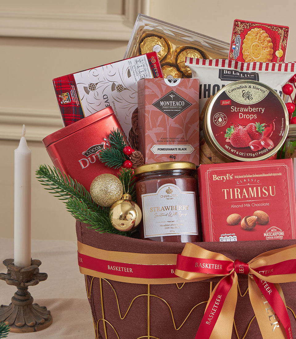 Ruby tiramisu luxury gift hamper with gourmet chocolates, tea, and festive trimmings for New Year