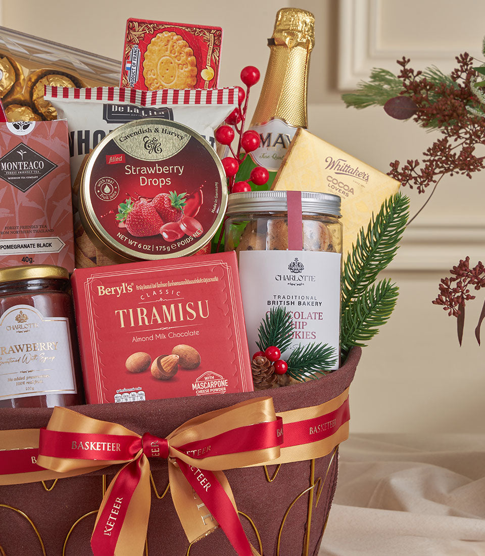 Ruby Tiramisu Indulgence gourmet gift basket with champagne, artisan chocolates, and festive red accents for New Year