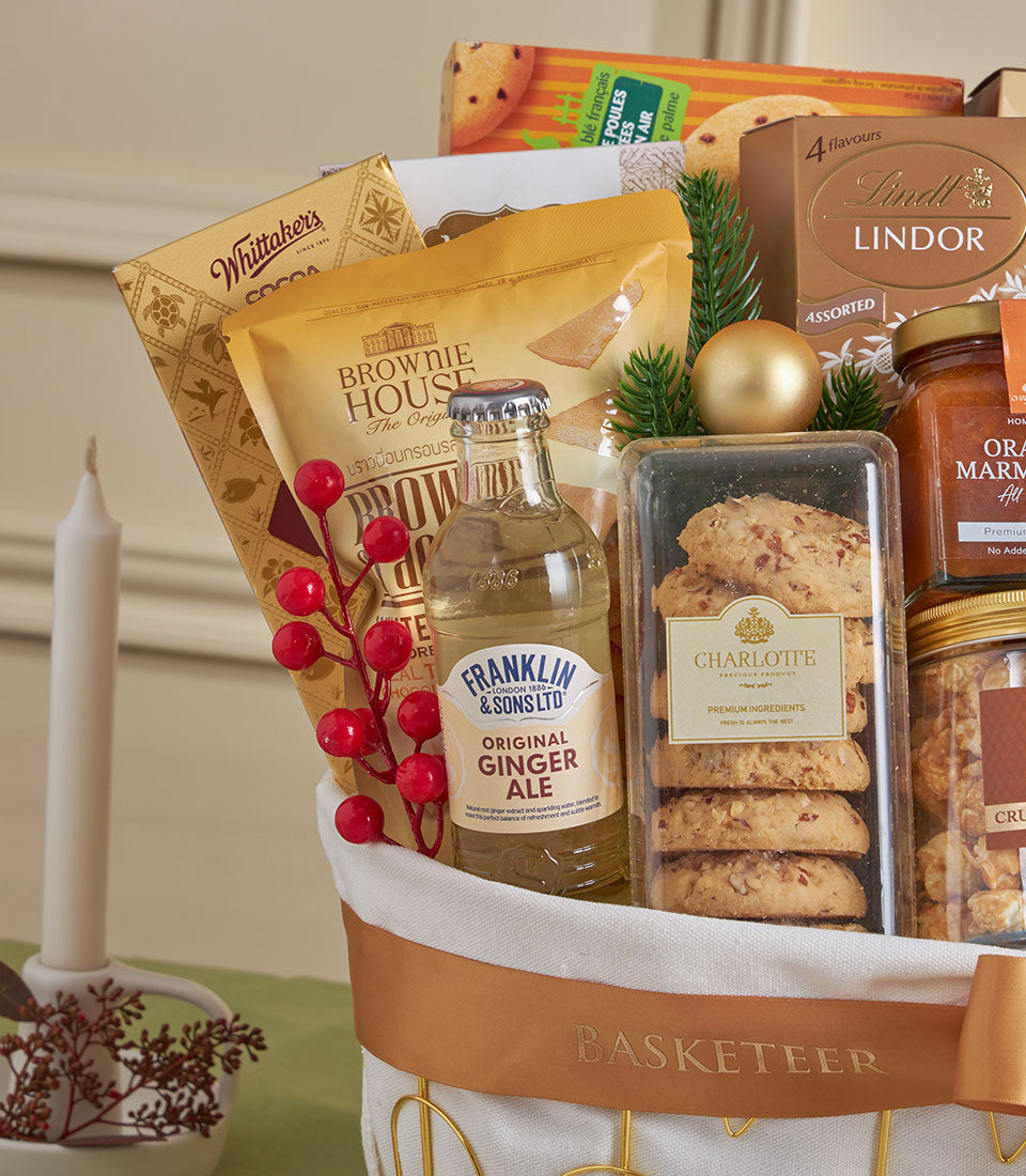 Golden Delight gourmet gift basket with chocolates, cookies, and gourmet treats, festive New Year gift hamper with gold