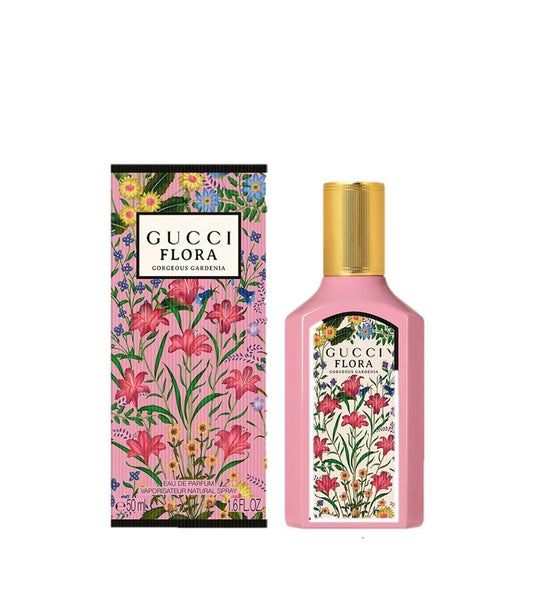 Gucci Flora Gorgeous Gardenia perfume gift set with floral packaging and pink bottle for Valentine's Day