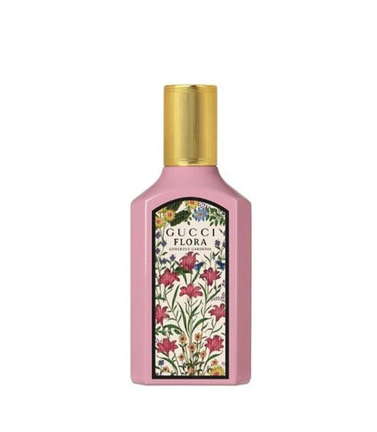 Gucci Flora Gorgeous Gardenia 100ml perfume with soft pink bottle and gold cap