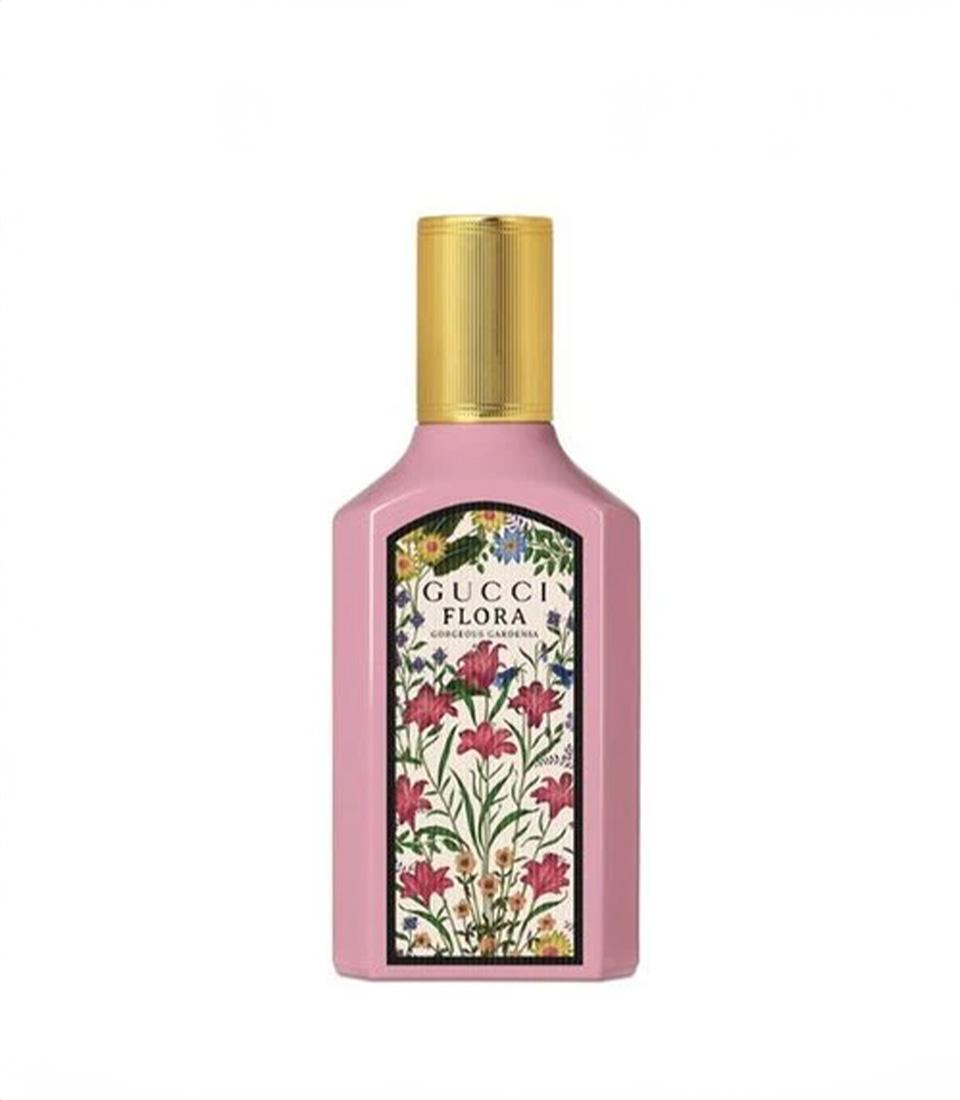 Gucci Flora Gorgeous Gardenia 100ml perfume in soft pink with gold cap and floral label