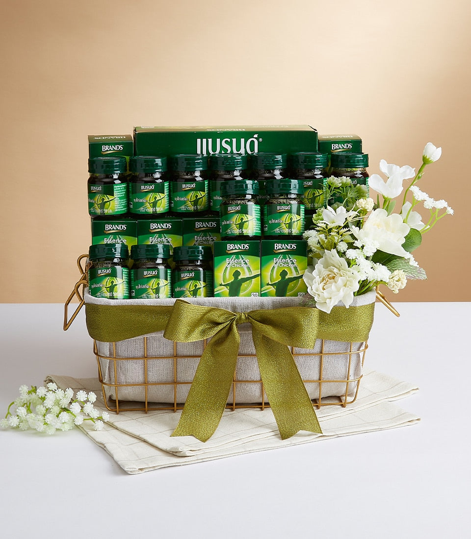 Gold wire gift basket with premium chicken extract soup and health supplements, white flowers, olive green ribbon