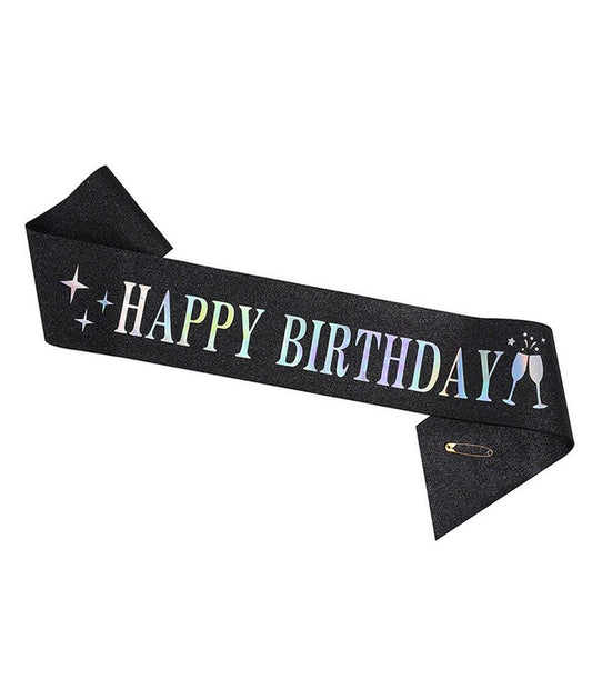Black glitter birthday sash with holographic Happy Birthday text and champagne toast design