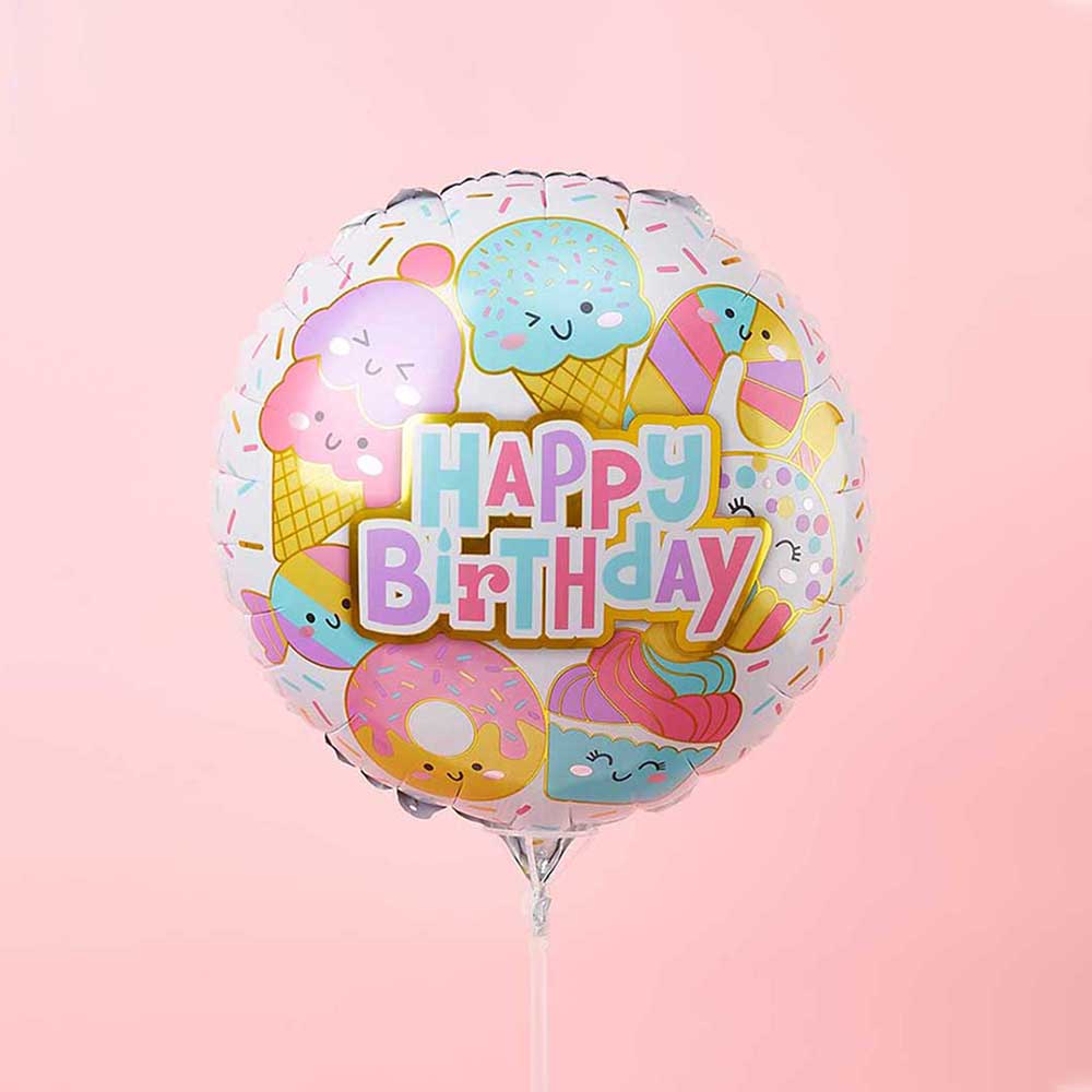 Pastel Happy Birthday foil balloon with cute candy and cupcake designs for kids