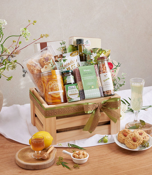 Organic Pad Thai, olive oil and wellness snack wooden hamper with green satin ribbon