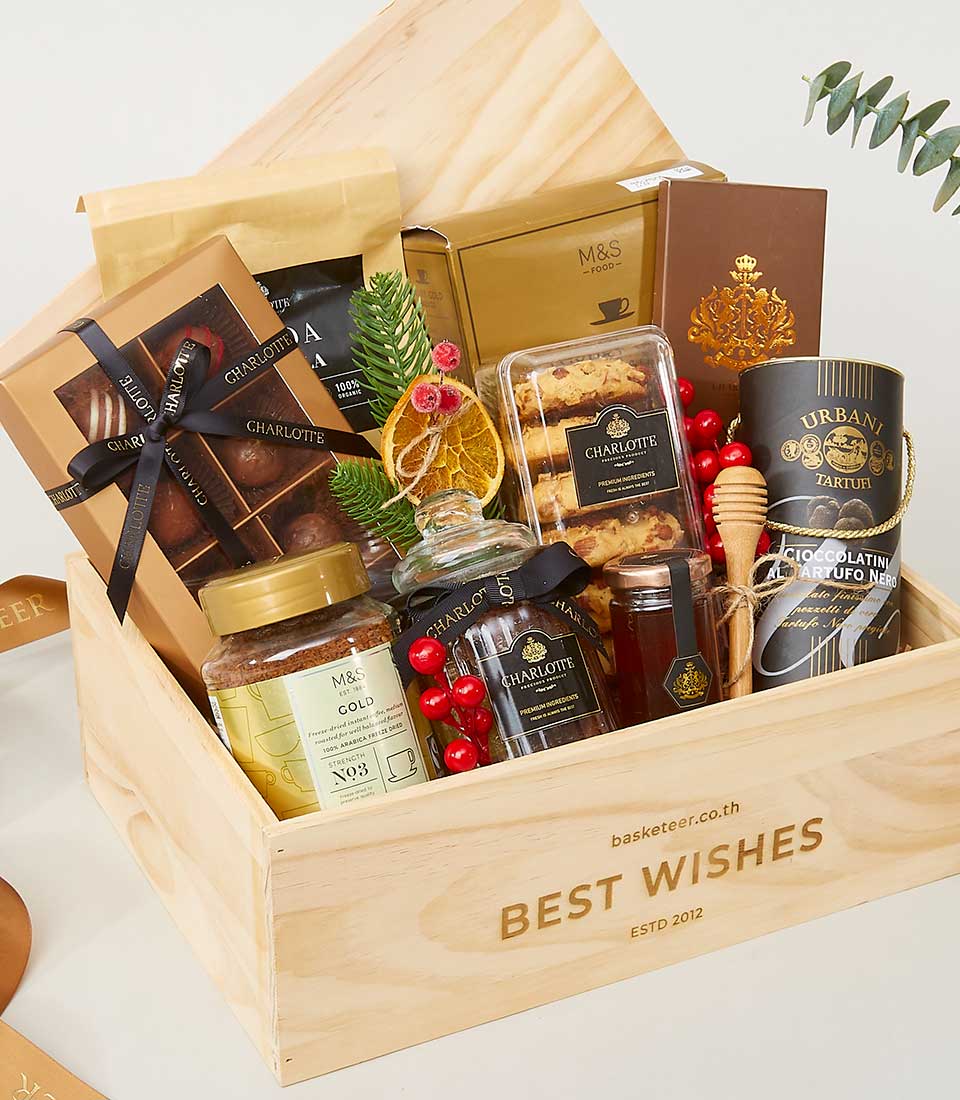 Healthy Living Discovery wooden gift crate with gourmet chocolates, cookies, honey, and coffee for New Year