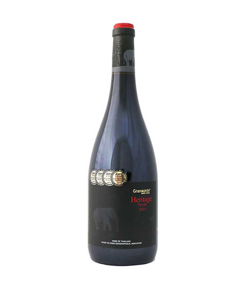 Heritage Syrah wine bottle with award medals and Thai elephant emblem, premium red wine gift