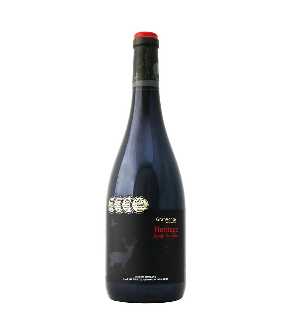 Heritage Syrah Viognier red wine from Khao Yai with award-winning label and dark glass bottle