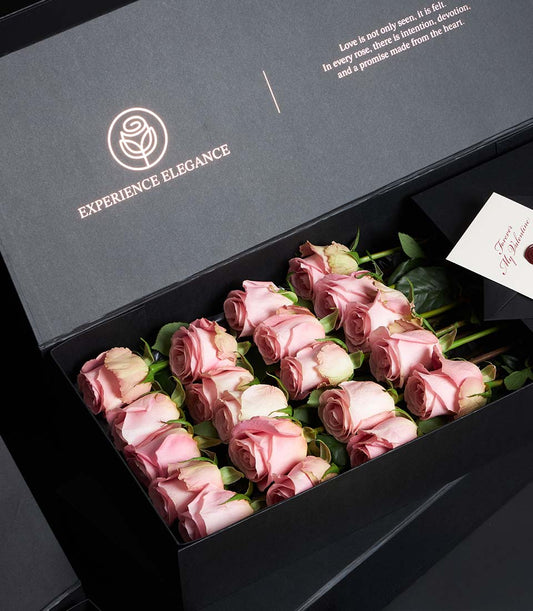 Hermosa pink luxury rose bouquet in black VIP gift box with Valentine's card