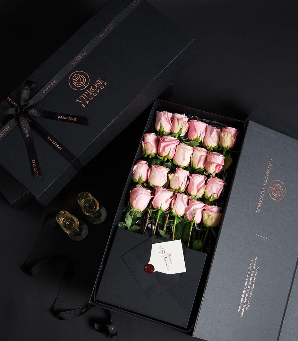 Luxury pink rose bouquet with champagne in black VIP gift box, Valentine's Day floral gift set