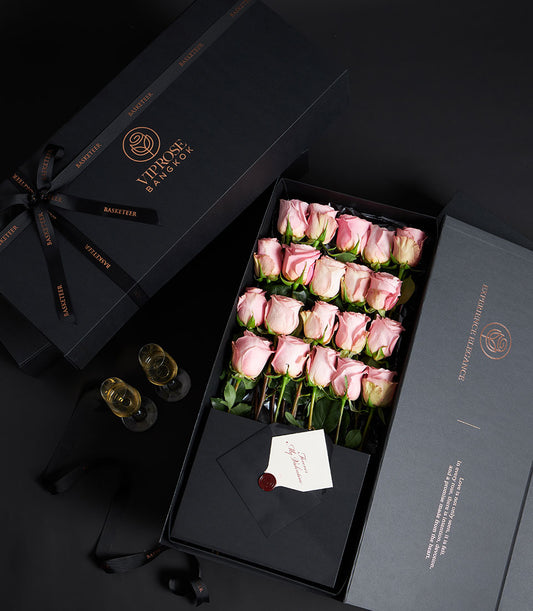 Luxury pink rose bouquet with champagne in black VIP gift box, Valentine's Day floral gift set
