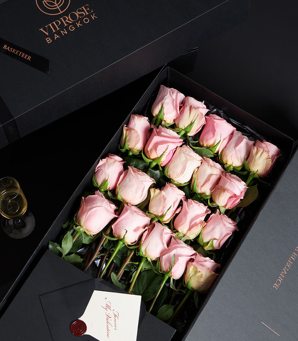 Luxury pink rose bouquet in VIP black box with Forever My Valentine card and champagne, romantic Valentine's gift