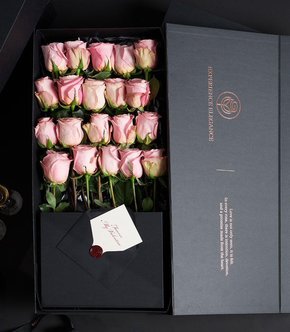 Luxury pink rose bouquet in grey VIP box with rose gold foil, 24 Ecuador roses for Valentine's Day