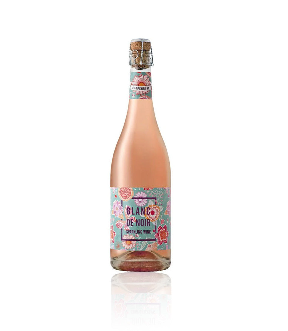 Blanc de Noir sparkling wine with floral label, festive Christmas gift basket selection