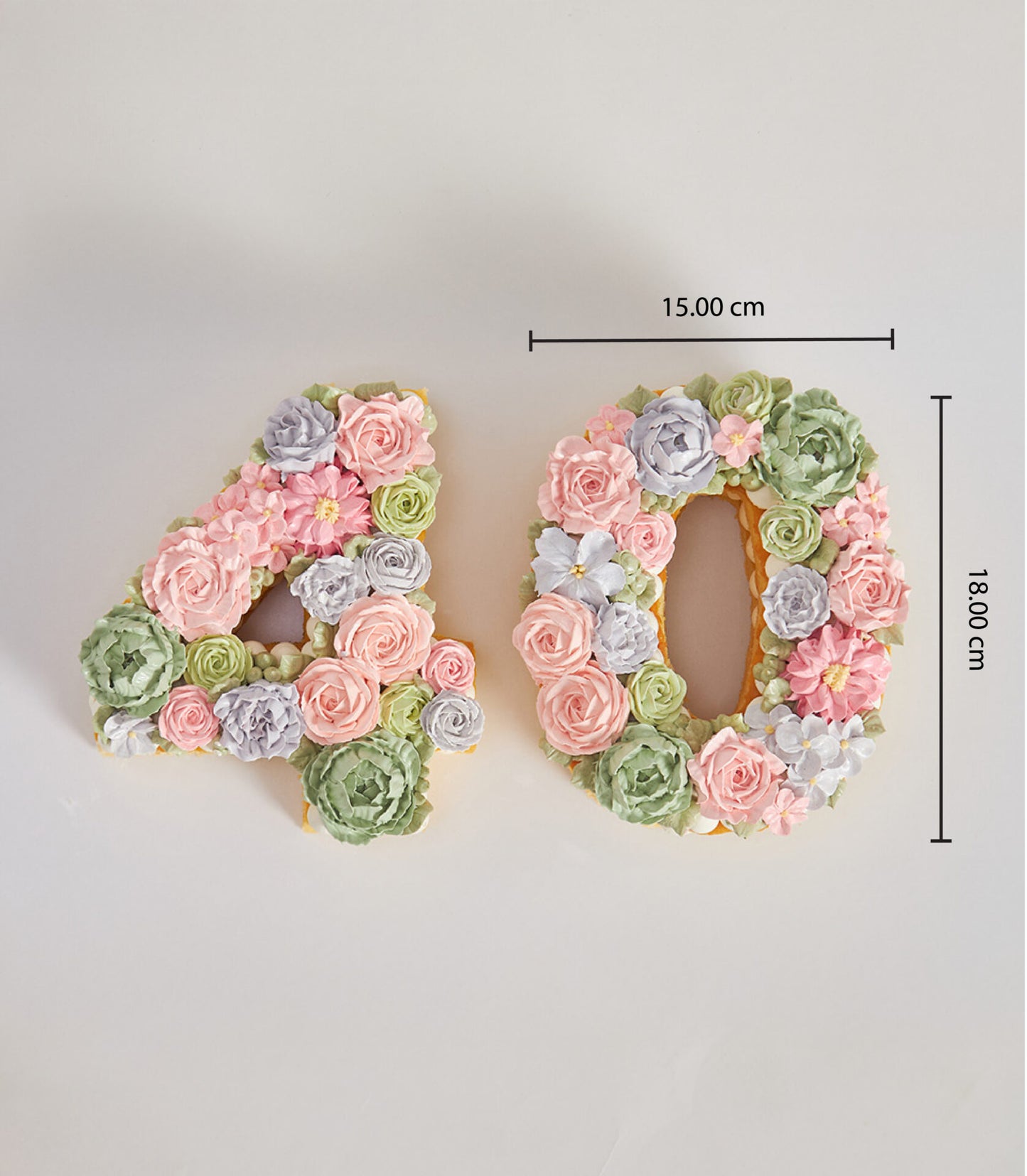 Pastel floral number cake shaped as "40" with buttercream flowers in pink, green, and lavender for milestone birthdays