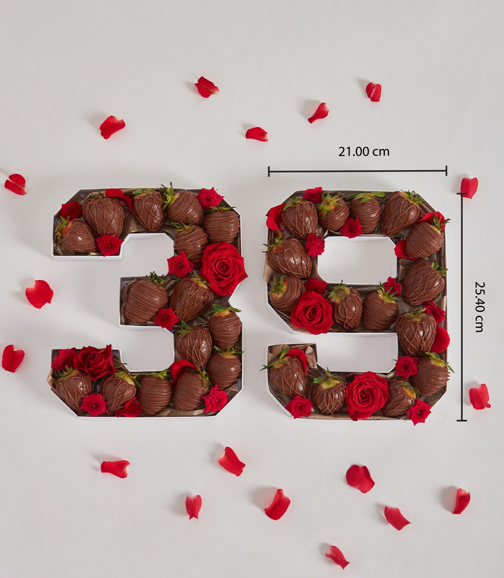 Chocolate-covered strawberry number box with red roses, personalized birthday gift arrangement